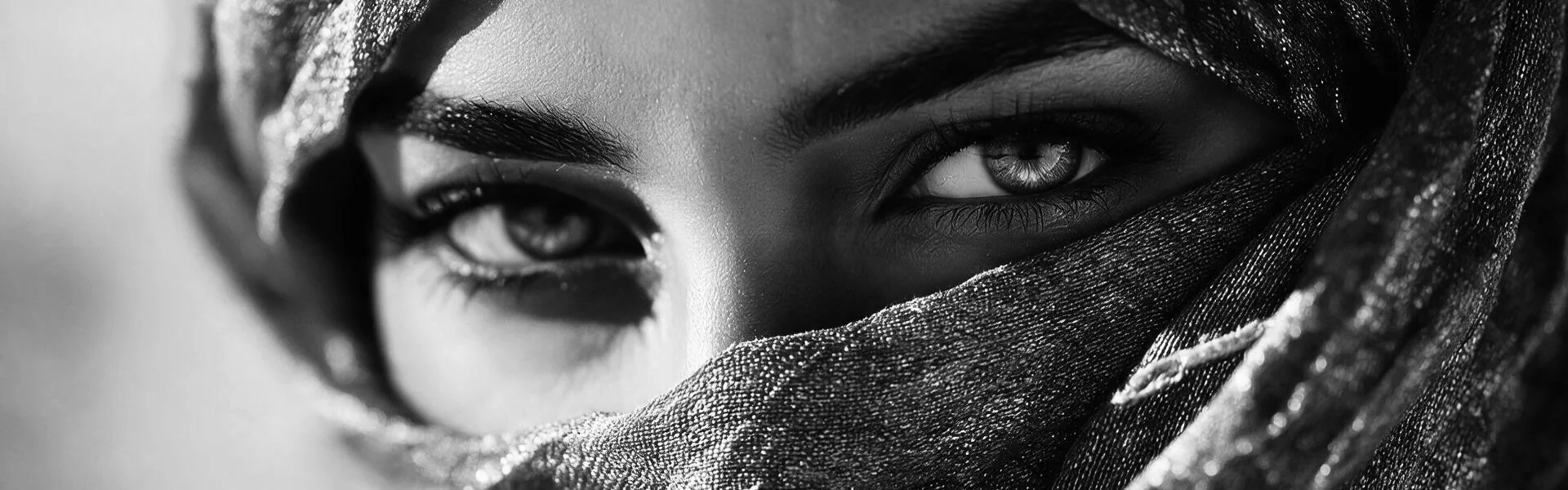 The eyes of a woman above a dark, shimmering veil, in black and white